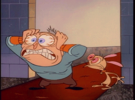 A Cartoon Of A Man Covering His Ears With His Hands And A Dog Behind Him GIF