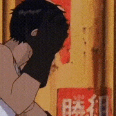 A Cartoon Of A Man Covering His Face In Front Of A Red Sign With Chinese Characters On It GIF