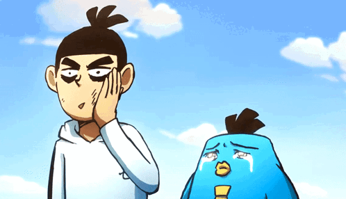 A Cartoon Of A Man Covering His Face Next To A Cartoon Of A Crying Bird GIF