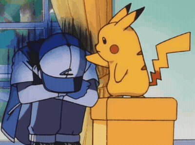 A Cartoon Of A Man Covering His Face With His Hands And A Pikachu Standing Next To Him GIF