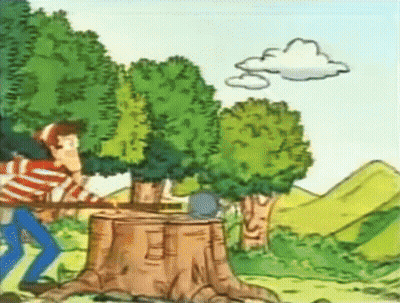 A Cartoon Of A Man Cutting A Tree Stump GIF