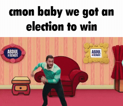 A Cartoon Of A Man Dancing In A Living Room With The Words Cmon Baby We Got An Election To Win GIF