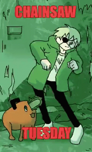 A Cartoon Of A Man Dancing With A Chainsaw And The Words Chainsaw Tuesday GIF