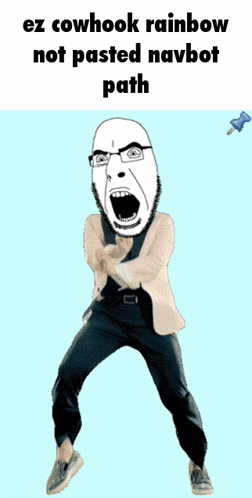 A Cartoon Of A Man Dancing With The Words Ez Cowhook Rainbow Not Pasted Navbot Path Above Him GIF