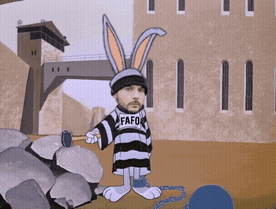 A Cartoon Of A Man Dressed As Bugs Bunny With The Word Fafo On His Top GIF