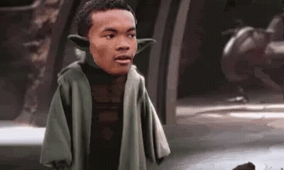 A Cartoon Of A Man Dressed As Yoda From Star Wars GIF