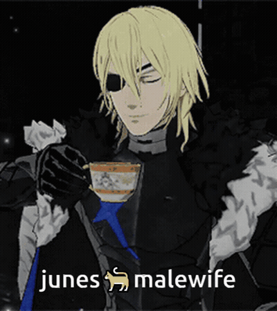 A Cartoon Of A Man Drinking From A Cup That Says Junes Malewife On The Bottom GIF