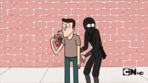 A Cartoon Of A Man Drinking From A Red Cup And A Ninja Standing Next To Him GIF