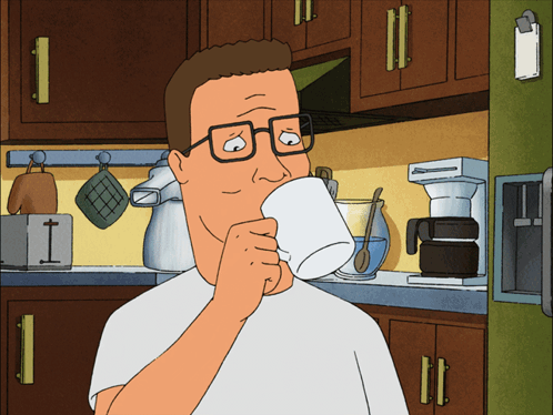 A Cartoon Of A Man Drinking From A White Mug GIF
