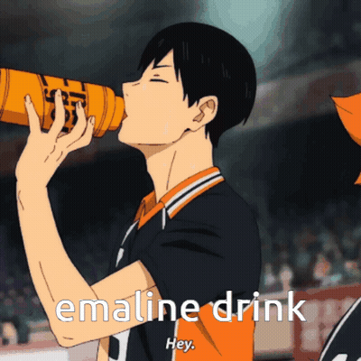 A Cartoon Of A Man Drinking From An Orange Bottle With The Words " Emaline Drink Hey " GIF