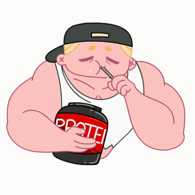 A Cartoon Of A Man Drinking Protein From A Bottle GIF