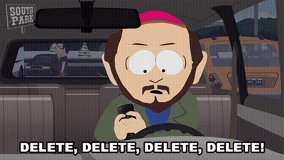 A Cartoon Of A Man Driving A Car Says Delete Delete Delete Delete GIF
