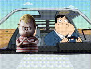 A Cartoon Of A Man Driving A Car With A Baby In The Back GIF