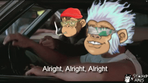 A Cartoon Of A Man Driving A Car With A Monkey Smoking A Cigarette And The Words Alright Alright Alright GIF