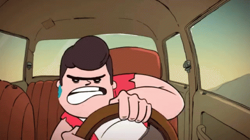 A Cartoon Of A Man Driving A Car With An Angry Face On His Face GIF