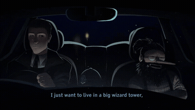 A Cartoon Of A Man Driving A Car With The Words I Just Want To Live In A Big Wizard Tower Below GIF