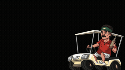 A Cartoon Of A Man Driving A Golf Cart With The Word Steady Above Him GIF