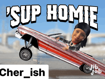 A Cartoon Of A Man Driving A Lowrider With The Caption ' Sup Homie ' On It GIF