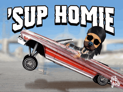 A Cartoon Of A Man Driving A Lowrider With The Words ' Sup Homie ' Written Above Him GIF