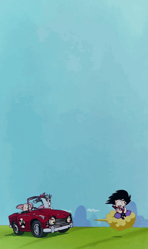 A Cartoon Of A Man Driving A Red Car And A Boy Flying In The Air GIF