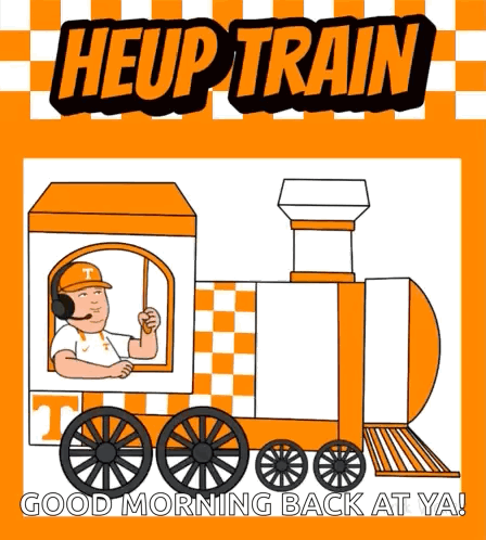 A Cartoon Of A Man Driving A Train That Says " Heup Train " On It GIF