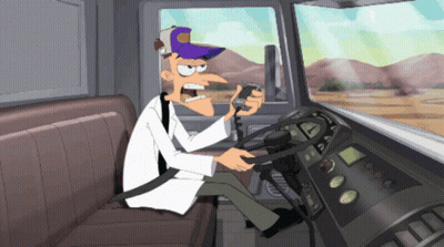 A Cartoon Of A Man Driving A Truck With A Purple Hat On GIF