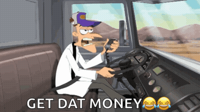 A Cartoon Of A Man Driving A Truck With The Words Get Dat Money Above Him GIF