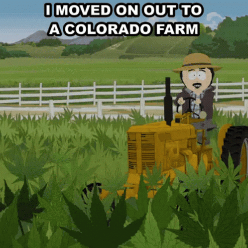 A Cartoon Of A Man Driving A Yellow Tractor With The Words I Moved On Out To A Colorado Farm GIF