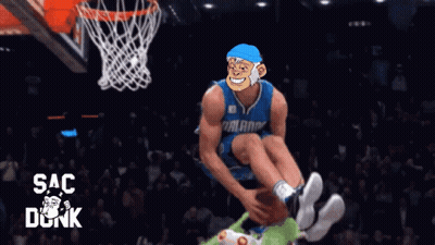 A Cartoon Of A Man Dunking A Basketball With The Words Sac Dunk On The Bottom GIF