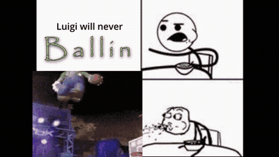 A Cartoon Of A Man Eating A Bowl Of Cereal With The Words Luigi Will Never Ballin GIF