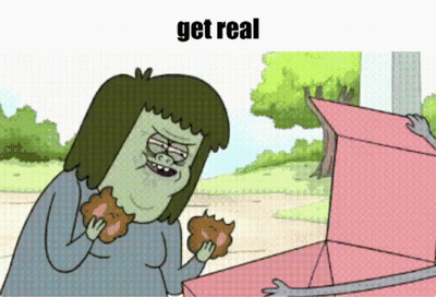 A Cartoon Of A Man Eating A Cookie With The Words Get Real Below Him GIF
