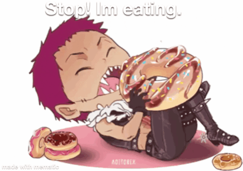 A Cartoon Of A Man Eating A Donut With The Words Stop I 'M Eating GIF