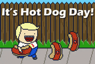 A Cartoon Of A Man Eating A Hot Dog With The Words " It 'S Hot Dog Day " Behind Him GIF
