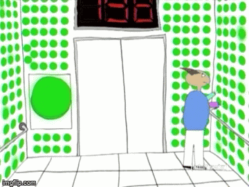 A Cartoon Of A Man Falling Down An Elevator With A Green Button On The Wall . GIF