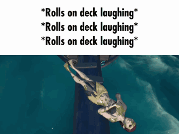 A Cartoon Of A Man Falling Off A Cliff With The Caption " Rolls On Deck Laughing " GIF