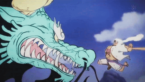 A Cartoon Of A Man Fighting A Dragon With A Large Mouth GIF