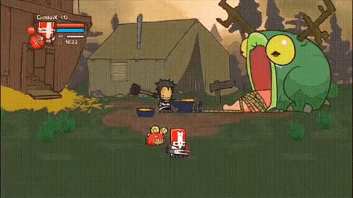 A Cartoon Of A Man Fighting A Monster With A Frog In The Foreground And A Tent In The Background GIF