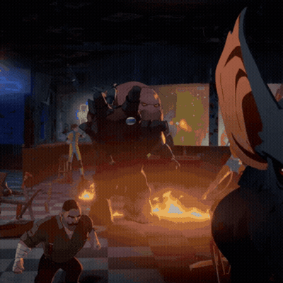 A Cartoon Of A Man Fighting A Monster With Flames Coming Out Of It GIF