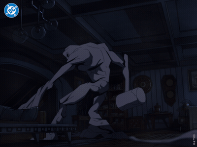 A Cartoon Of A Man Fighting A Monster With The Dc Logo In The Background GIF