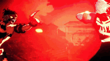 A Cartoon Of A Man Fighting Another Man In A Red Light GIF