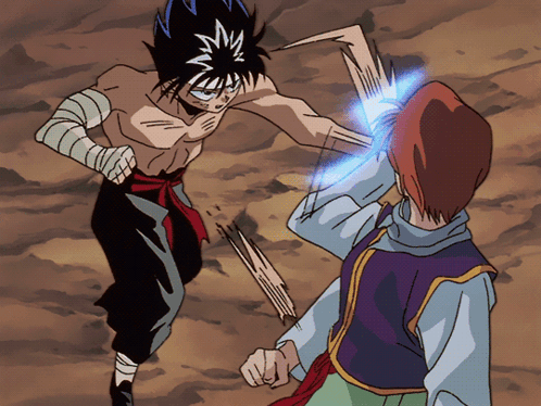 A Cartoon Of A Man Fighting Another Man With A Blue Light Coming Out Of His Arm GIF