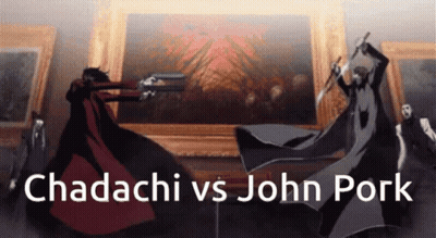 A Cartoon Of A Man Fighting Another Man With The Words " Chadachi Vs John Pork " Below Them GIF
