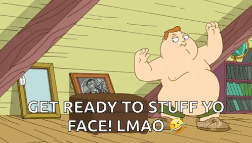 Cartoon Flexing Muscles Get Ready To Stuff Yo Face GIF