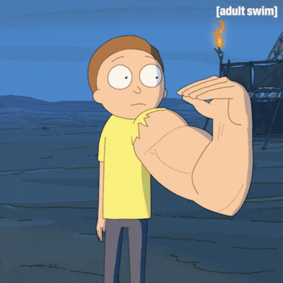 A Cartoon Of A Man Flexing His Muscles With The Words Adult Swim Behind Him GIF