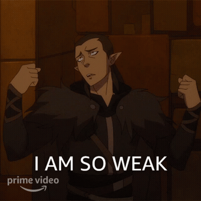 A Cartoon Of A Man Flexing His Muscles With The Words I Am So Weak Above Him GIF