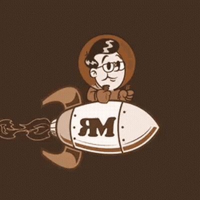 A Cartoon Of A Man Flying On A Rocket With The Letter M On It GIF
