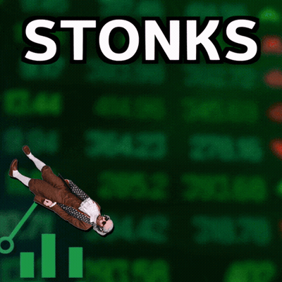 A Cartoon Of A Man Flying Over A Graph That Says Stonks GIF