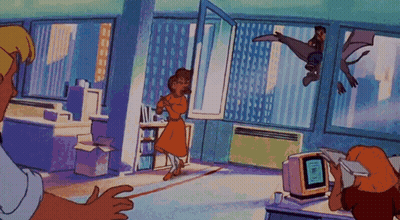 A Cartoon Of A Man Flying Through The Air While A Woman Looks At A Computer Monitor GIF