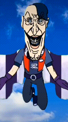 A Cartoon Of A Man Flying Through The Air With The Letter Nc On His Chest GIF