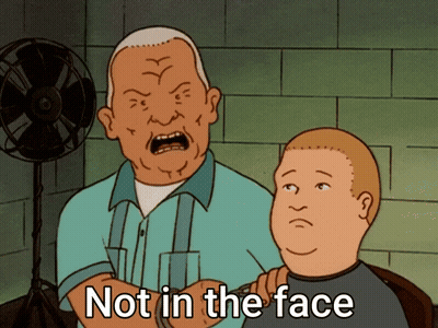 A Cartoon Of A Man Getting His Hair Cut With The Words Not In The Face GIF